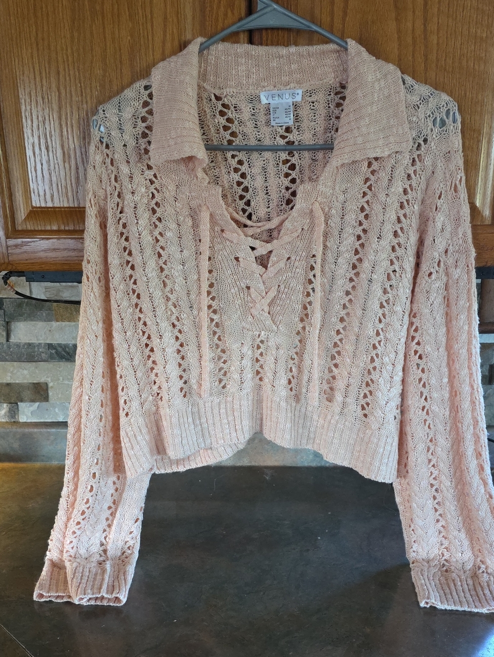 VENUS Peach Open-Weave Lace-Up Collared Cropped Sweater